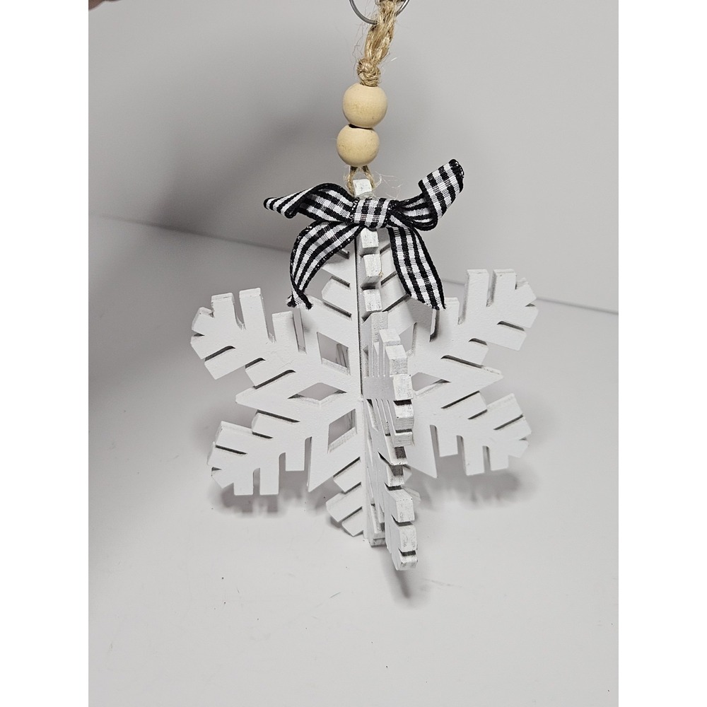 Farmhouse Wooden Snowflake Christmas Ornament 3D White Wood Plaid Bow Wooden